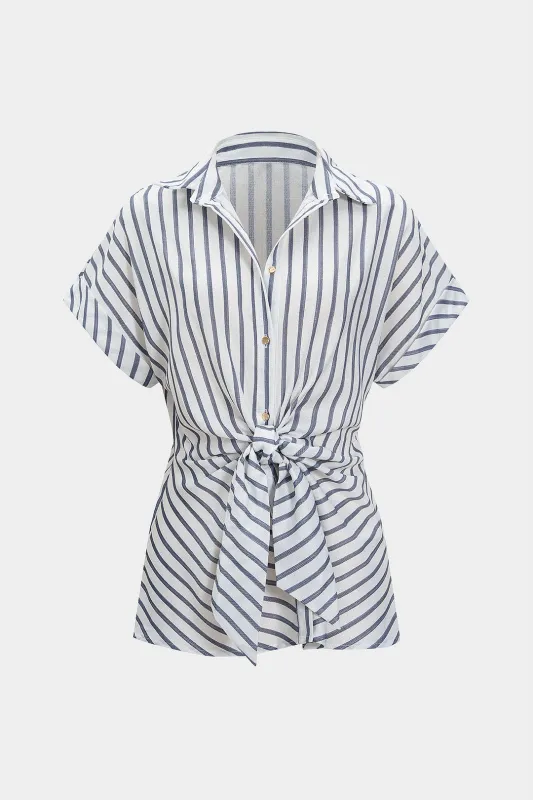 Linen Stripes Print Tie-Up Short-Sleeve Shirt sold by Micas
