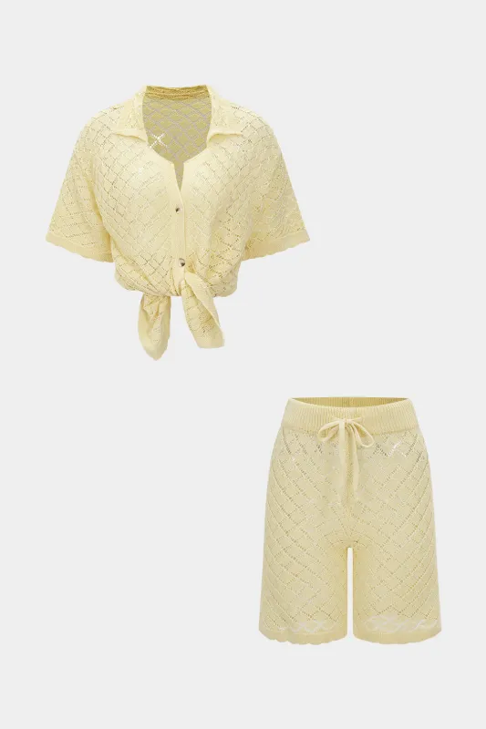 Knit Hollow Out Button Short-Sleeve And Drawstring Shorts Set sold by Micas