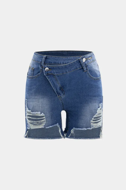 Denim flod flossede asymmetriske høje talje shorts sold by Micas