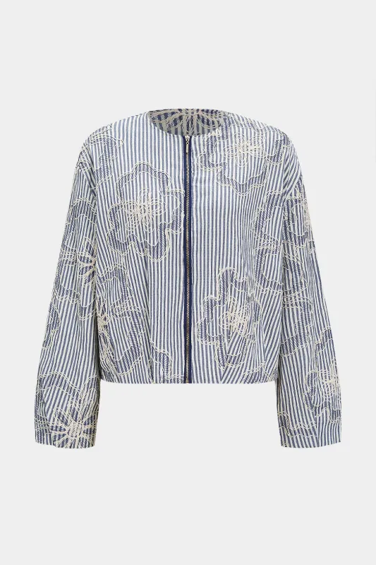 Stripes Print Floral Embroidery Zipper Jacket sold by Micas