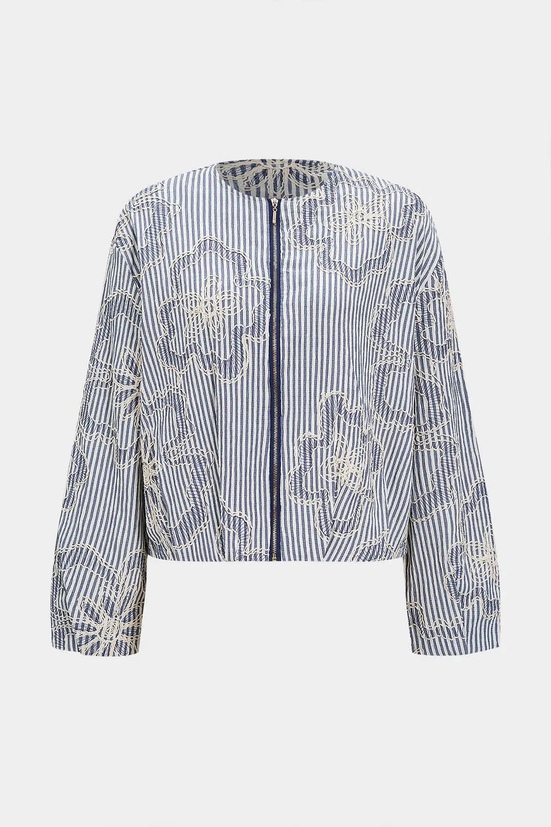 Stripes Print Floral Embroidery Zipper Jacket sold by Micas