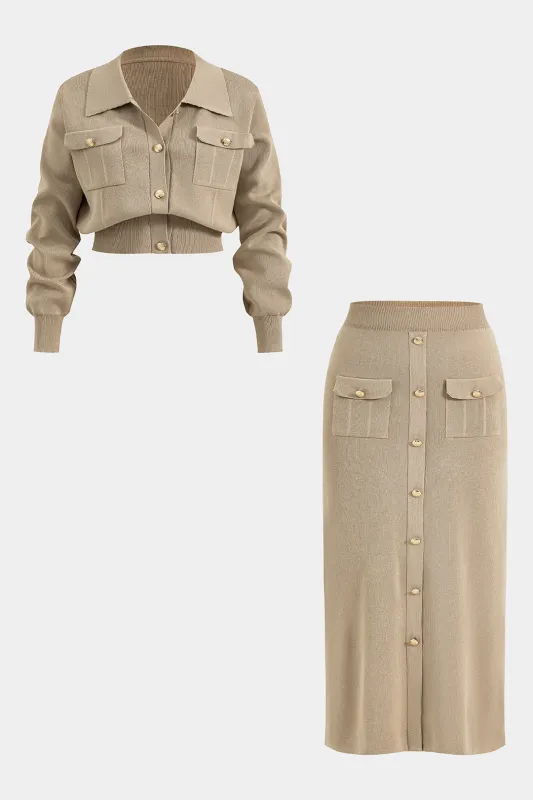 Plus Size Knit Button Pocket Long-Sleeve Top And Skirt Set sold by Micas
