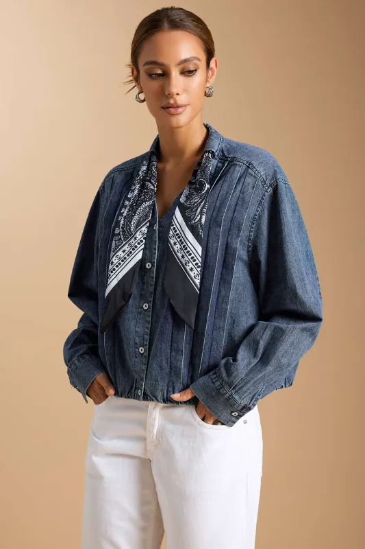 Denim Tie-Up Pleated Long Sleeve Shirt sold by Micas