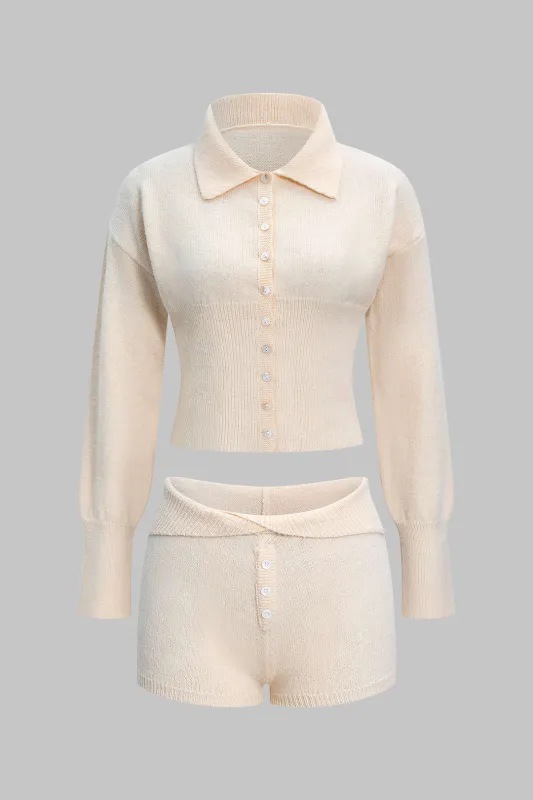 Knit Button Lapel Long-Sleeve Top And Shorts Set sold by Micas
