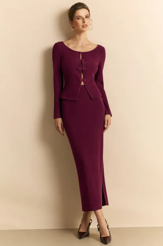 Knit Frog Button Long-Sleeve Top And Skirt Set sold by Micas