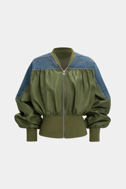 Denim Patchwork Zipper Jacket sold by Micas