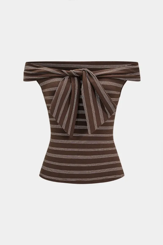 Stripes Print Off Shoulder Knotted T-Shirt sold by Micas
