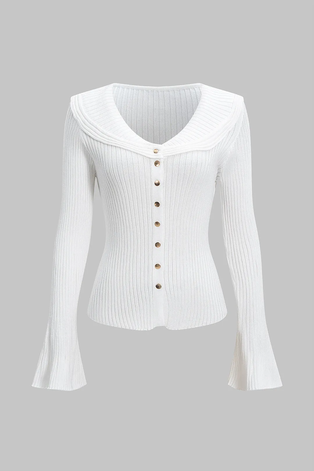Ribbed Button Bell Sleeve Long-Sleeve Sweater Top sold by Micas