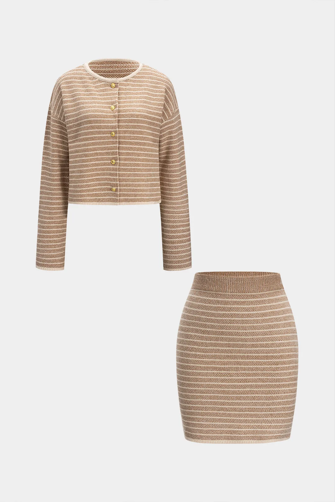 Knit Stripes Print Button Long-Sleeve Top And Mini Skirt Set sold by Micas