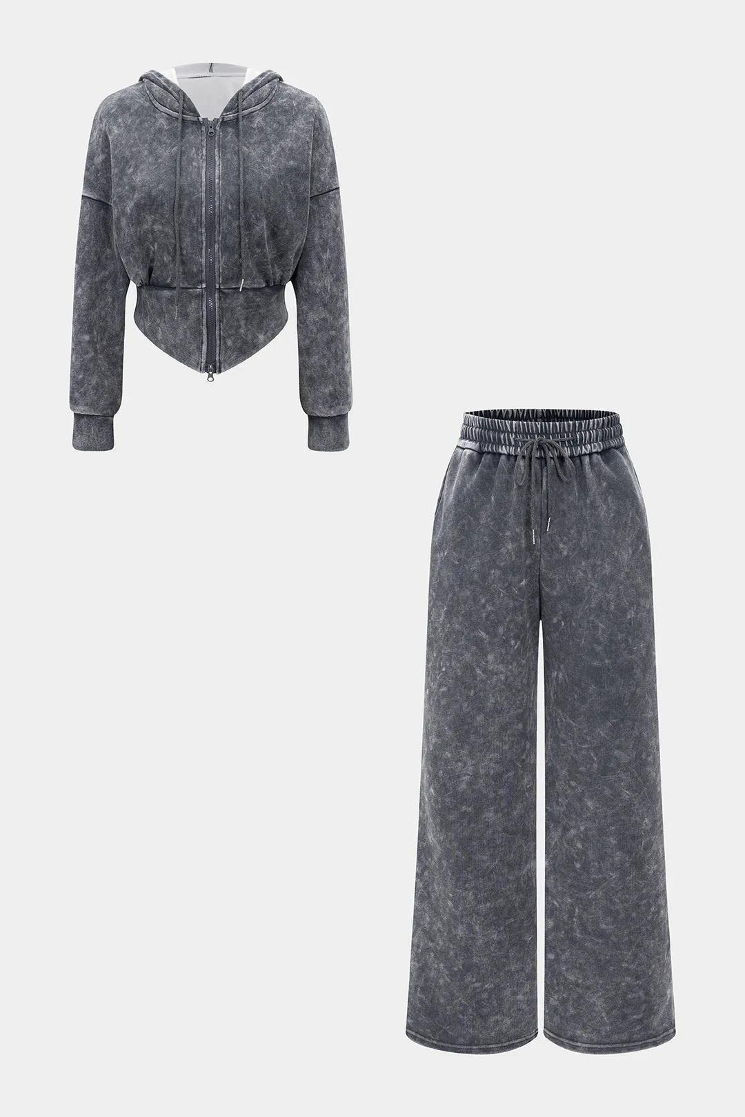 Drawstring Zipper Hoodie And Shirred Waistband Trousers Set sold by Micas