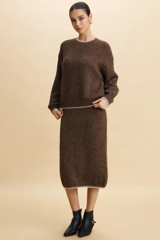 Knit Contrast Whipstitching Long-Sleeve Top And Skirt Set sold by Micas