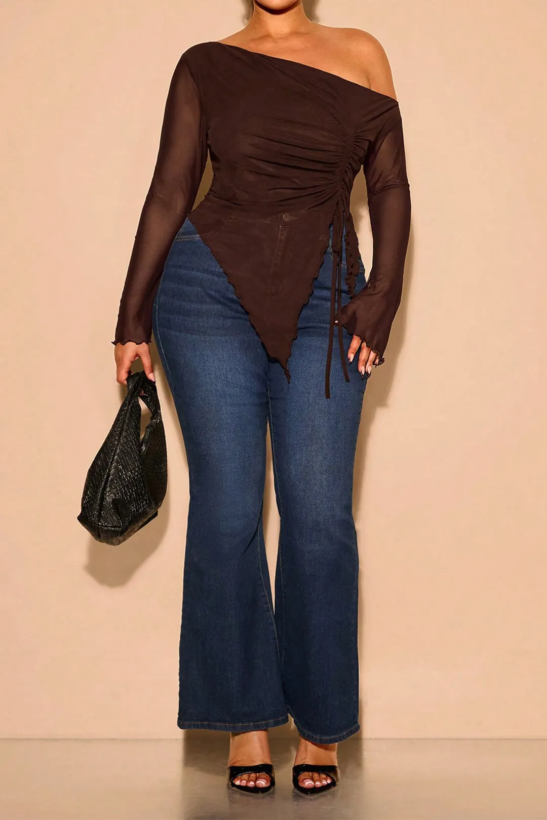 Plus Size Mesh One Shoulder Ruched Long-Sleeve Top sold by Micas