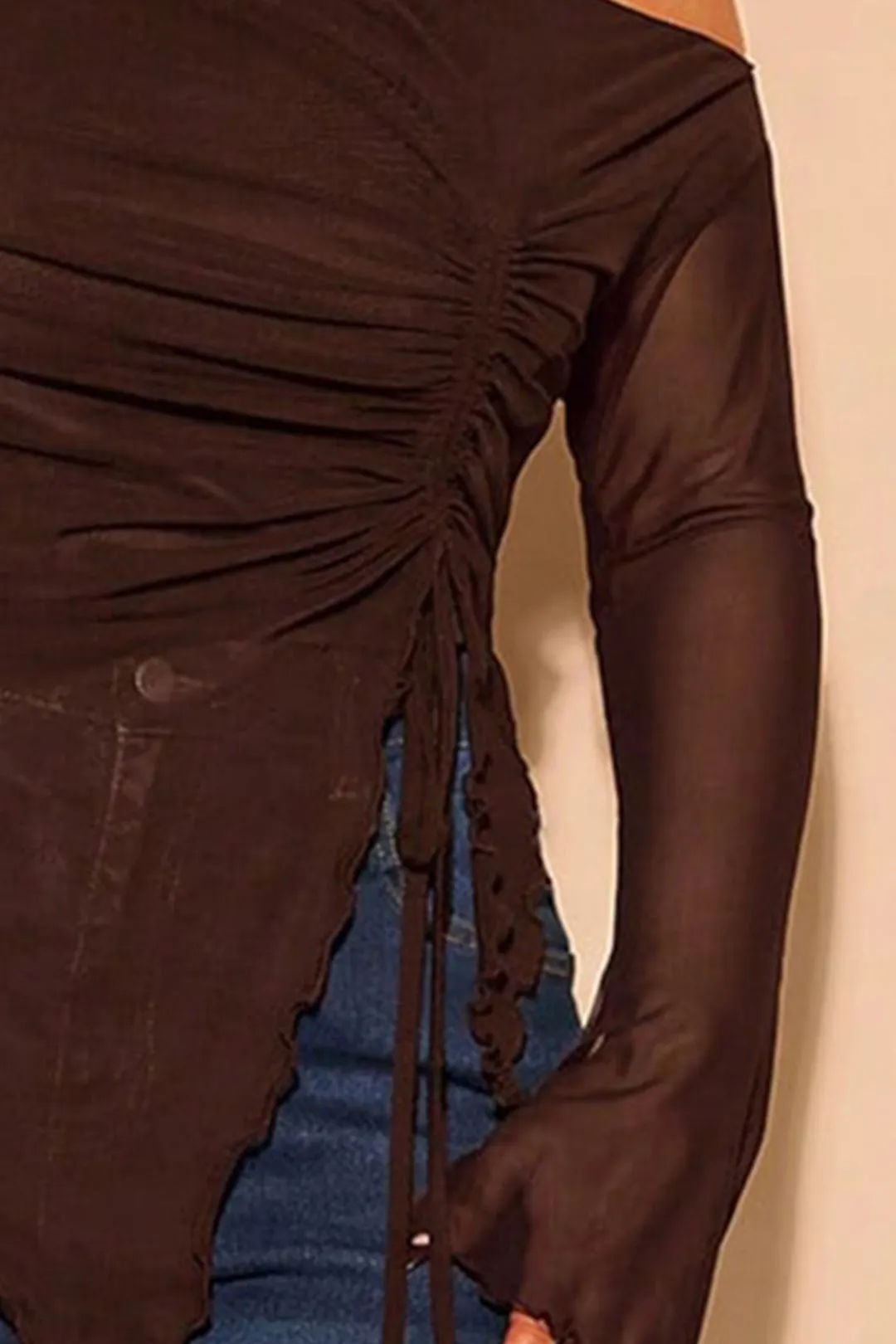 Plus Size Mesh One Shoulder Ruched Long-Sleeve Top sold by Micas product image thumbnail 2