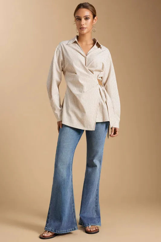 Stripes Print Button Ruched Long-Sleeve Shirt sold by Micas