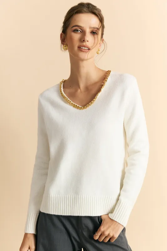 Knit V-Neck Chain Long-Sleeve Top sold by Micas