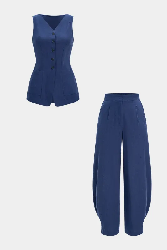 Button Waist Vest And Pleated Barrel Trousers Set sold by Micas
