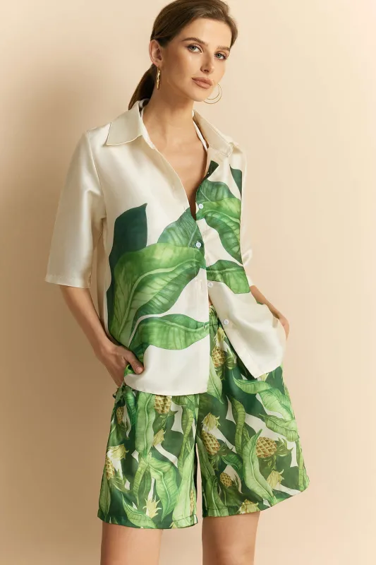 Leaves Print Satin Button Short-Sleeve Top sold by Micas