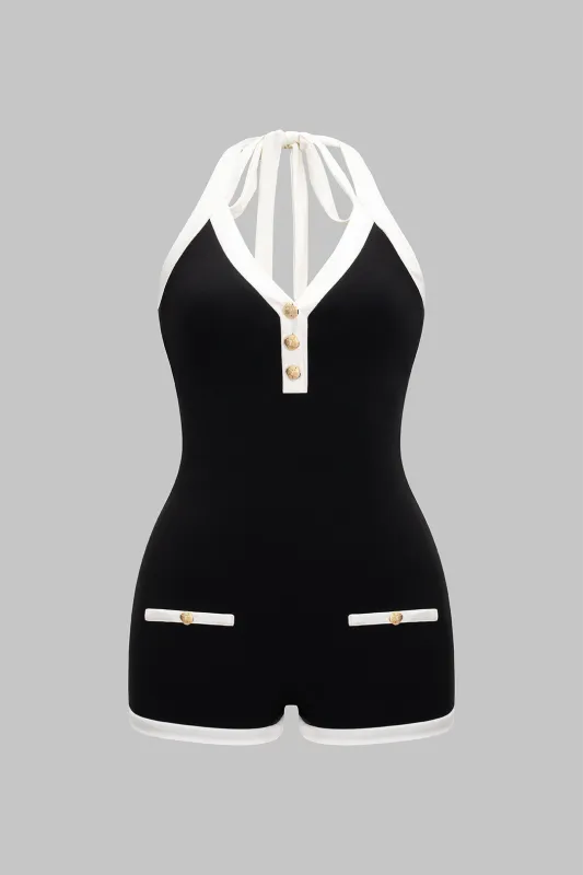 Plus Size Contrast Halter Tie-Up Backless Sleeveless Romper sold by Micas