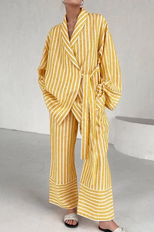 Stripes Print Tie-Up Long-Sleeve Shirt And Trousers Set sold by Micas