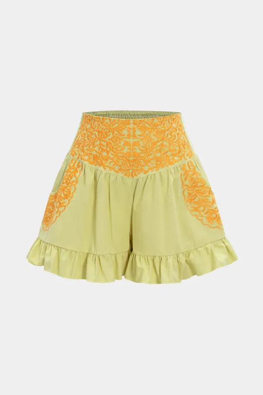 Floral Print Embroidery Ruffle Pocket Shorts sold by Micas