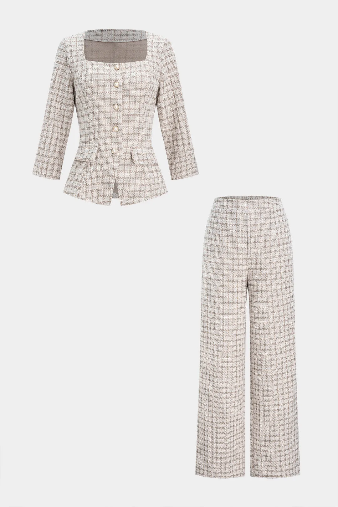 Plaid Print Square Neck Long Sleeve Top And Straight Leg Pants Set sold by Micas