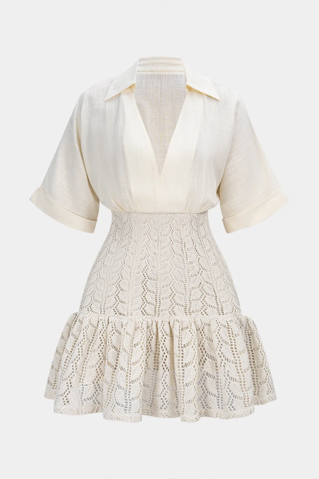 Jacquard Patchwork Linen Ruched V-Neck Short Sleeve Mini Dress sold by Micas