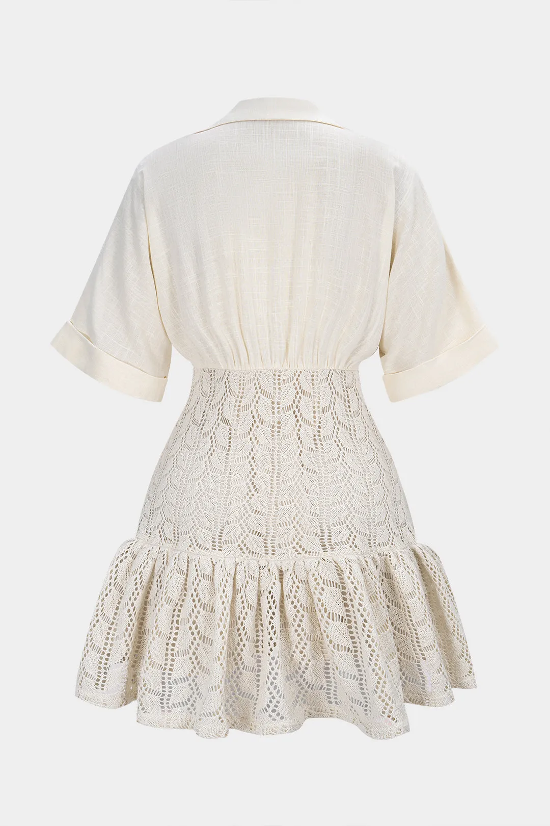 Jacquard Patchwork Linen Ruched V-Neck Short Sleeve Mini Dress sold by Micas product image thumbnail 2