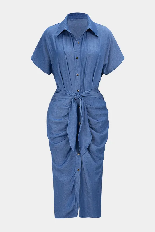 Knotted Ruched Button Short Sleeve Midi Dress sold by Micas