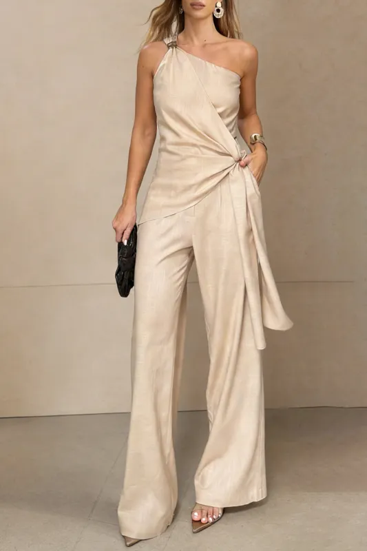 Linen Patchwork One Shoulder Asymmetrical Strappy Top And Pants Set sold by Micas