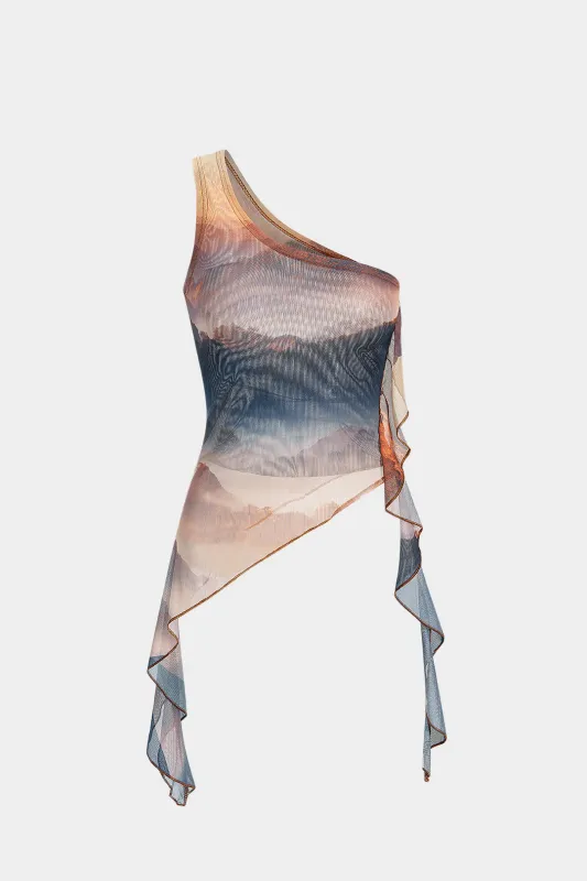 Mesh Tie Dye Print Asymmetrical Scallop Edge Tank Top sold by Micas