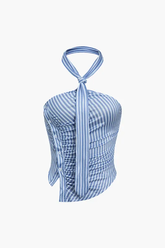 Stripes Print Halter Neck Ruched Asymmetrical Button Tank Top sold by Micas