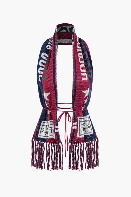 Letter Print Contrast Fringe Tie-Up Backless Tank Top sold by Micas