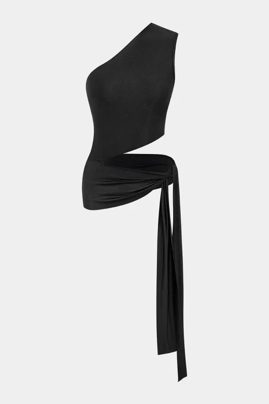 Single Shoulder Asymmetrical Tie-Up Ruched Cut Out Tank Top sold by Micas