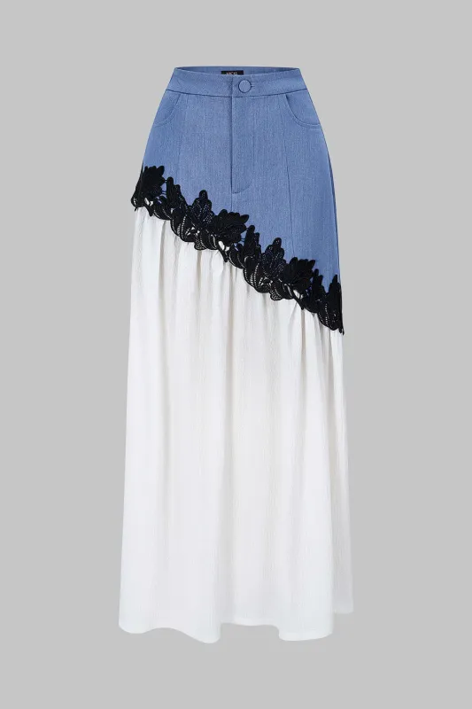 Denim Patchwork Lace Trim Asymmetrical Skirt sold by Micas