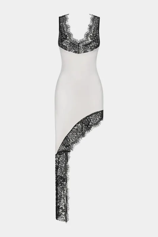 Stain Patchwork Lace V-Neck Hollow Out Asymmetrical Sleeveless Midi Dress sold by Micas