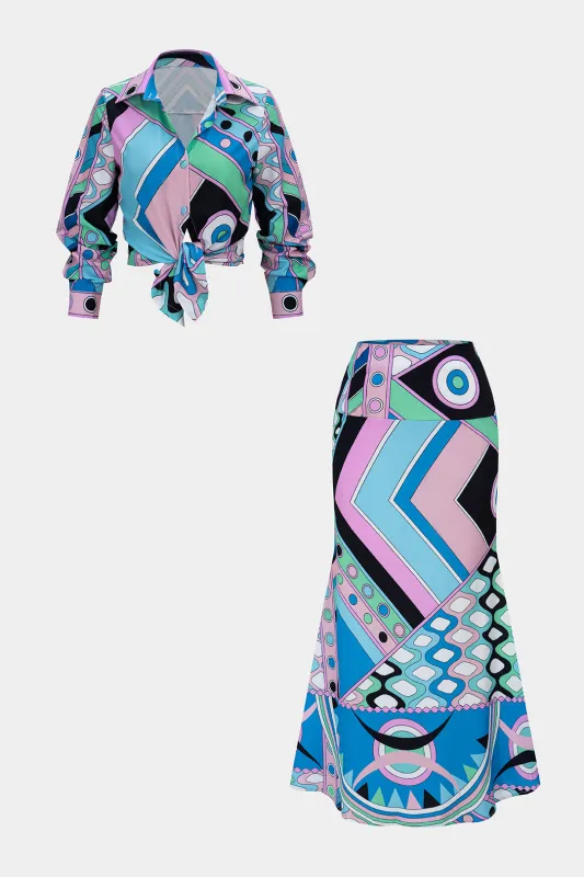 Geometric Print Satin Long Sleeve Shirt And Skirt Set sold by Micas