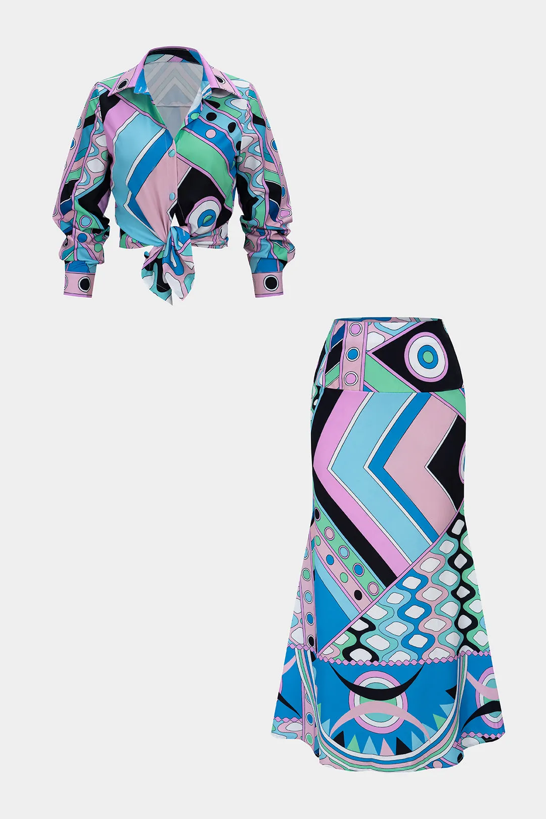 Geometric Print Satin Long Sleeve Shirt And Skirt Set sold by Micas