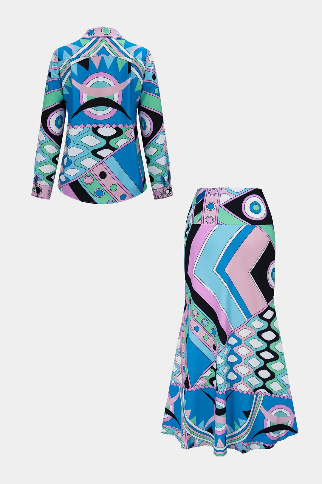 Geometric Print Satin Long Sleeve Shirt And Skirt Set sold by Micas product image thumbnail 2