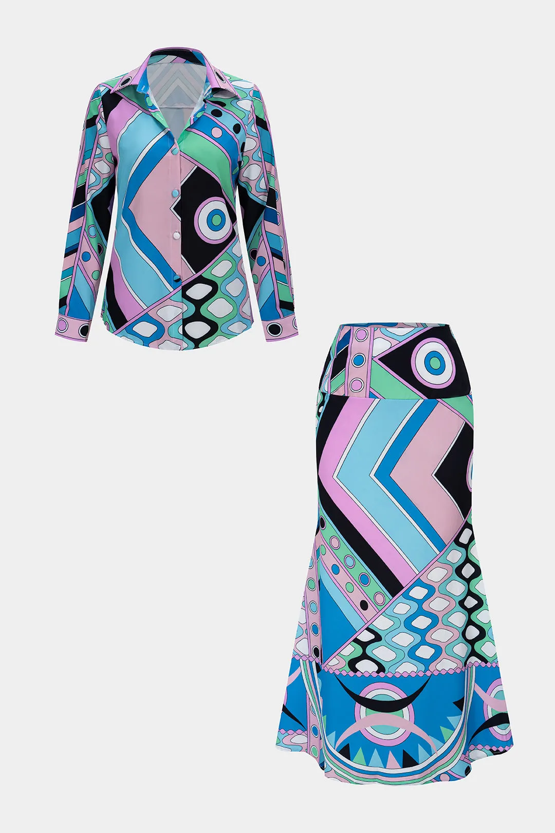 Geometric Print Satin Long Sleeve Shirt And Skirt Set sold by Micas product image thumbnail 3