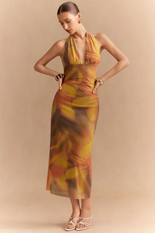 Floral Print Mesh Halter V-Neck Strappy Backless Sleeveless Midi Dress sold by Micas