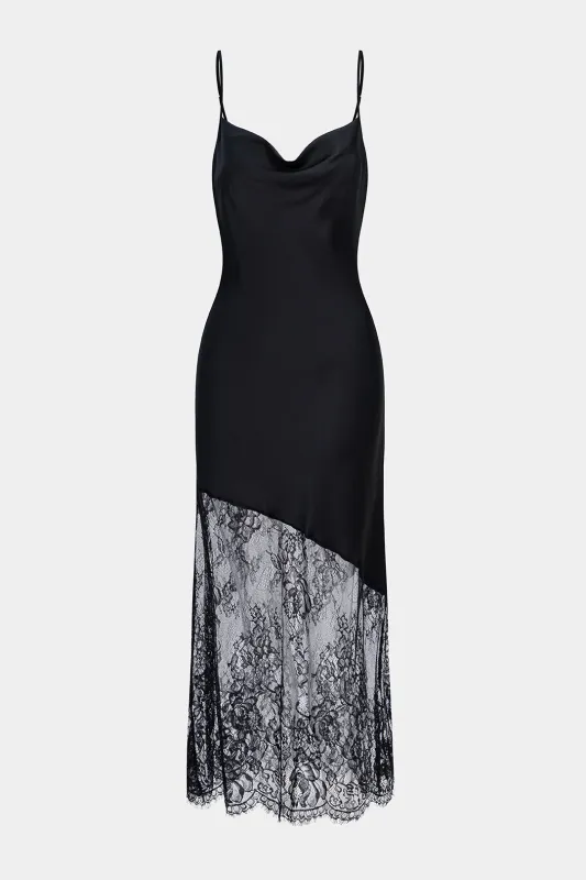 Satin Patchwork Lace Draped Cowl Neck Asymmetrical Sleeveless Slip Midi Dress sold by Micas