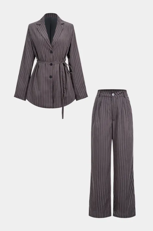 Stripes Print Notched Lapel Belted Blazer And Straight Leg Pants Set sold by Micas