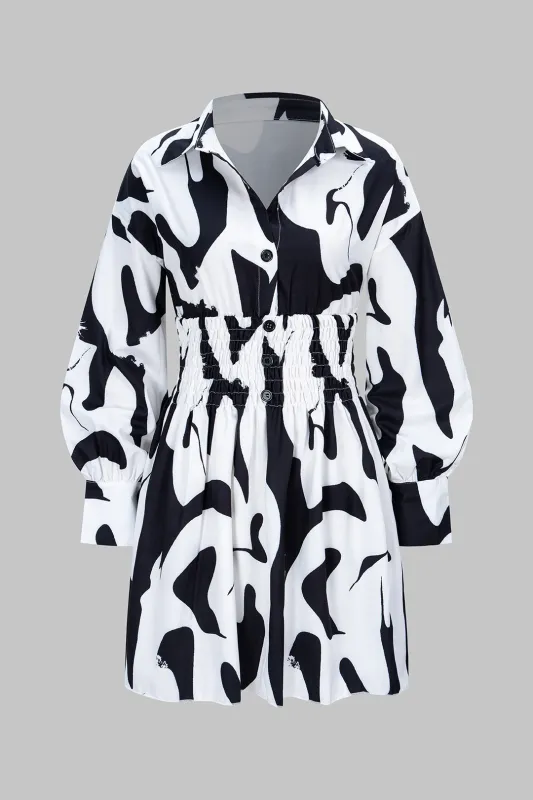 Geometric Print Polo Collar Waist-Cinching Long Sleeve Mini Dress sold by Micas