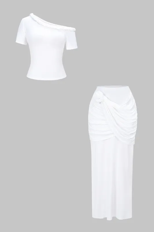 Twist Knot One Shoulder Short Sleeve Top And Ruched High Waist Skirt Set sold by Micas