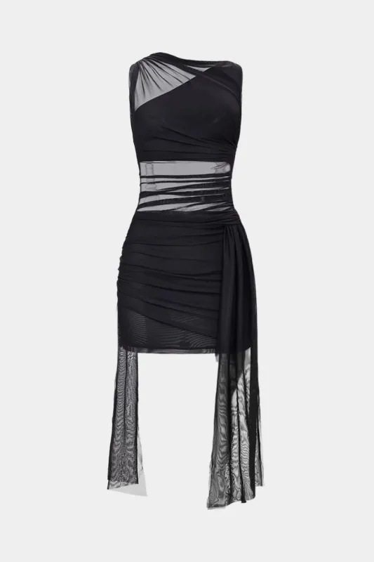 Mesh Ruched Asymmetrical Strappy Sleeveless Mini Dress sold by Micas