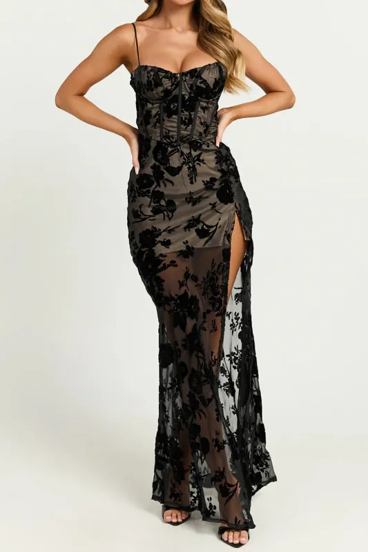 Floral Lace Corset Slit Slip Sleeveless Maxi Dress sold by Micas