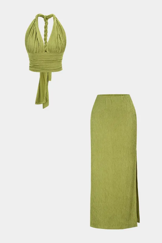 Twist Knot V-Neck Backless Sleeveless Top And Split Skirt Set sold by Micas