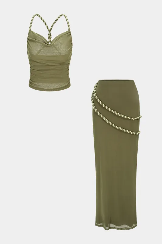 Mesh Crossed Twist Knot Backless Ruched Top And Asymmetrical Skirt Set sold by Micas