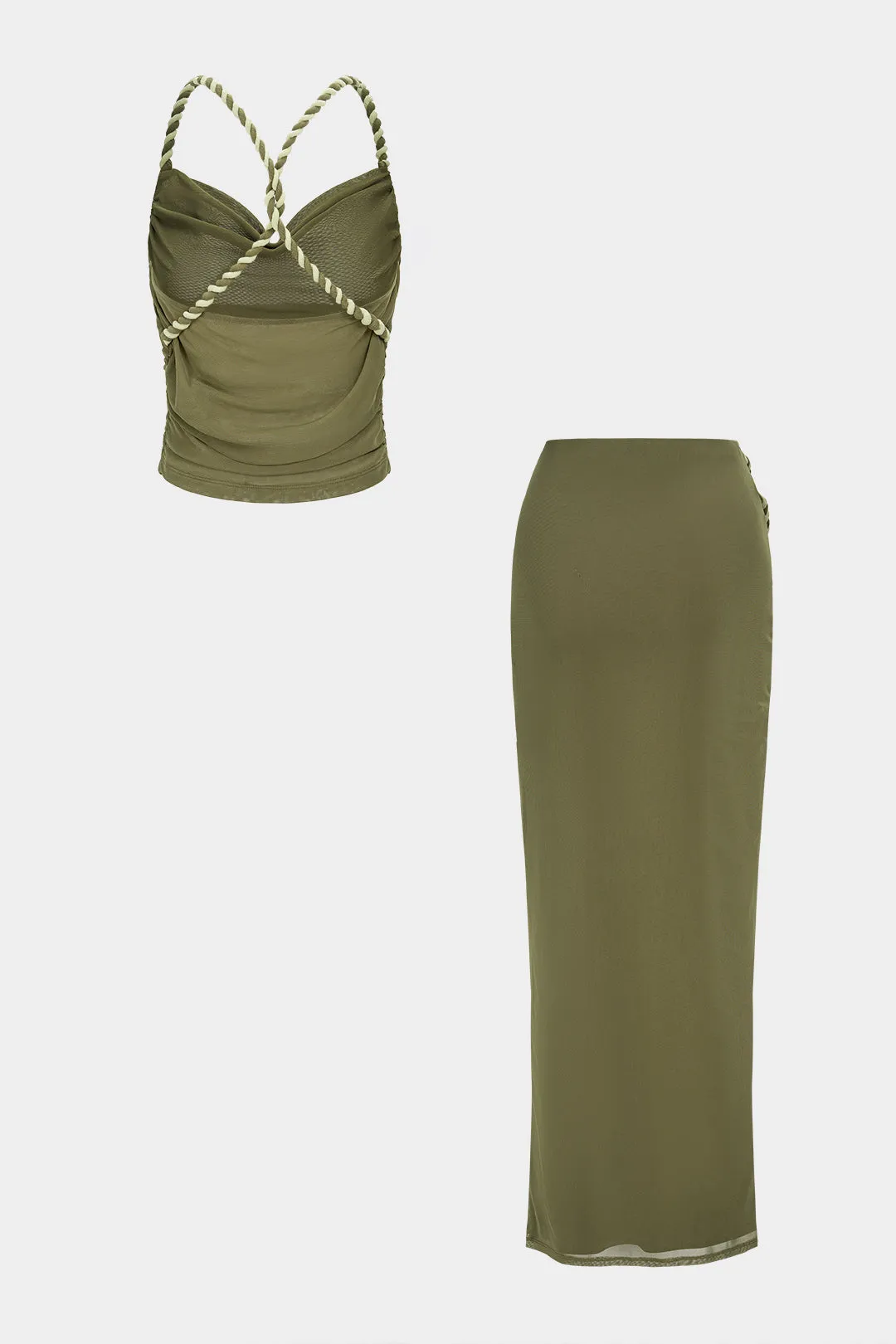 Mesh Crossed Twist Knot Backless Ruched Top And Asymmetrical Skirt Set sold by Micas product image thumbnail 5