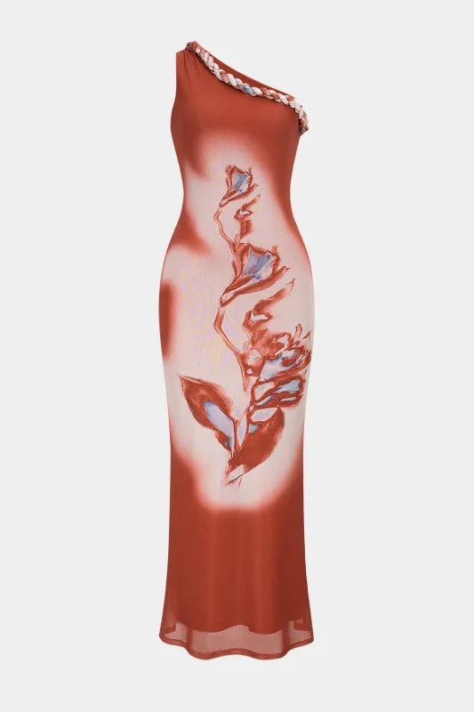 Floral Print Mesh One Shoulder Twist Knot Sleeveless Maxi Dress sold by Micas